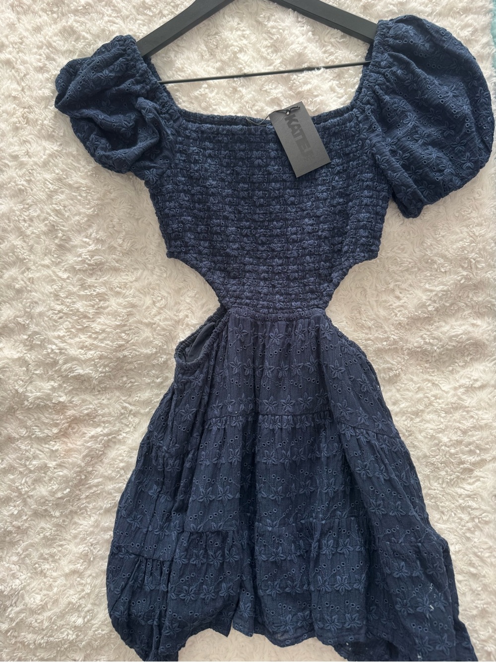 Katie J NYC Navy Puff-Sleeve Eyelet Cutout Mini Dress